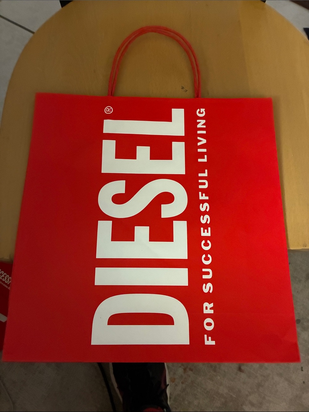 Diesel Red Paper Tote with White Vertical Logo